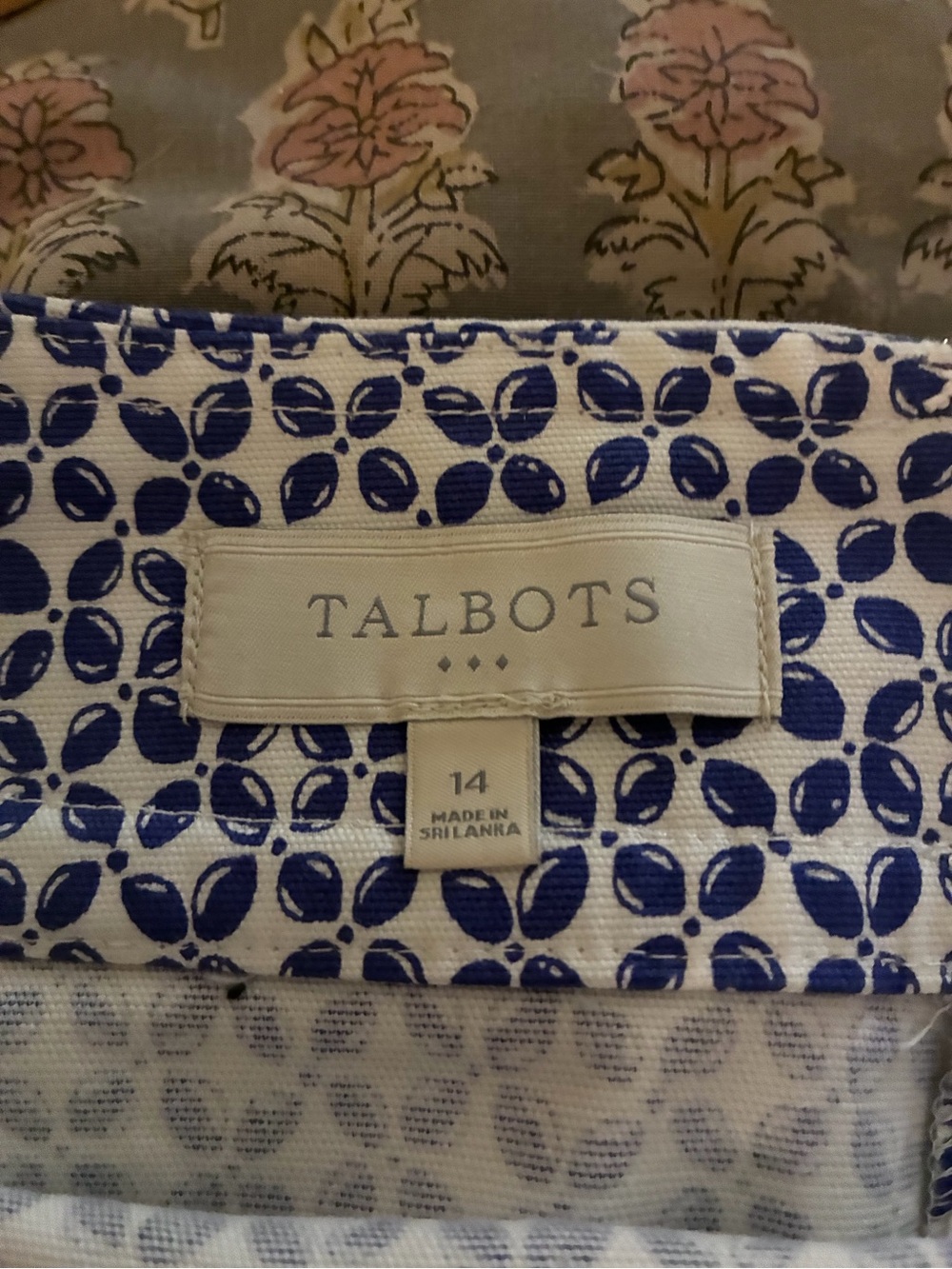 Talbots White skirt with Blue Leaf Pattern